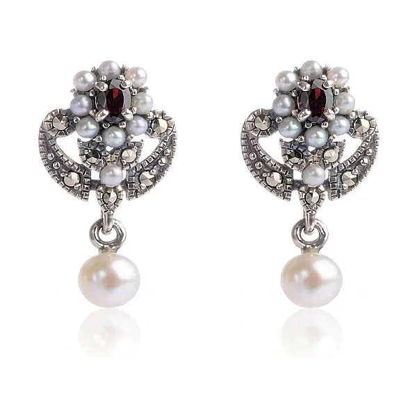 Garnet & Seed Pearl Antique Design Earrings  |  Silver 