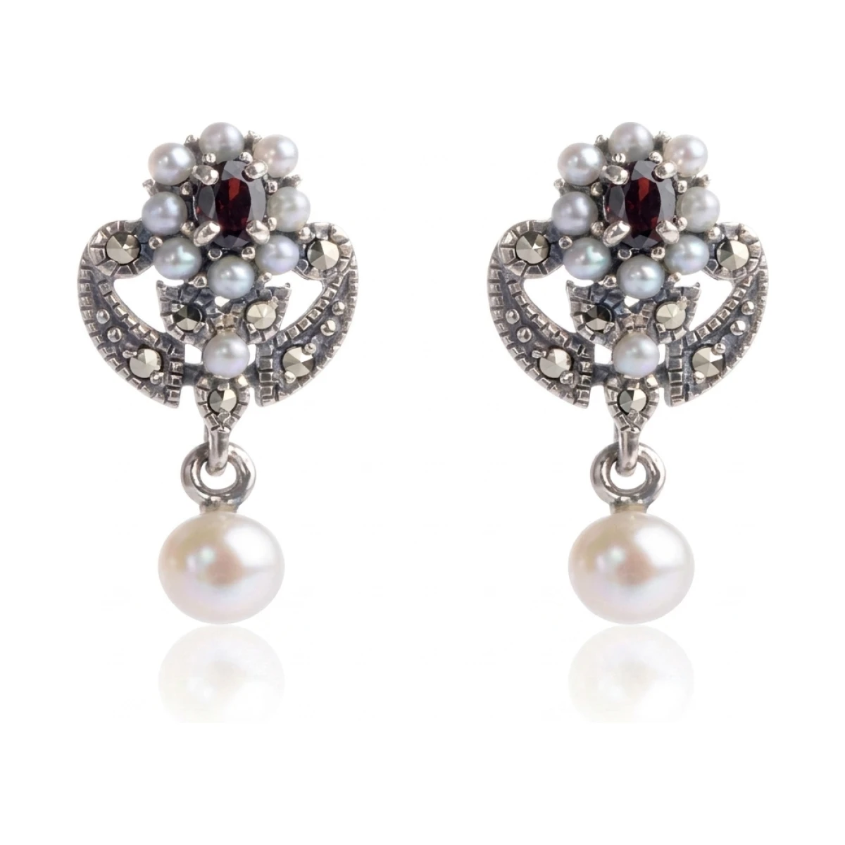 Garnet & Seed Pearl Antique Design Earrings  |  Silver 