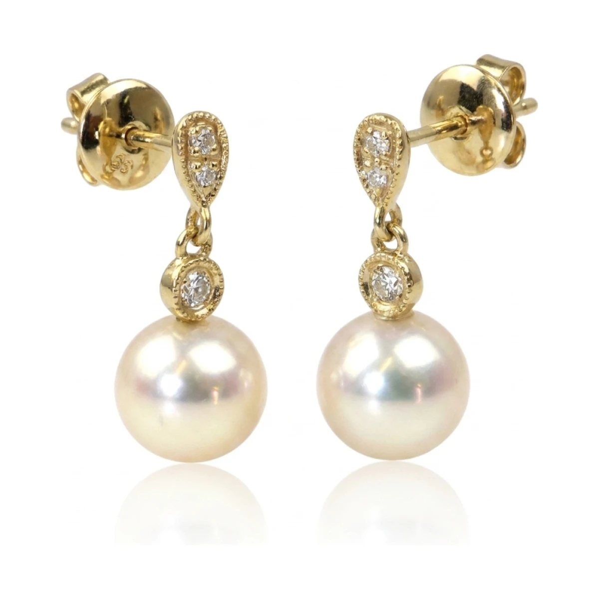 Vintage Style Freshwater Pearl & Diamond Drop Earrings  |  9ct Gold