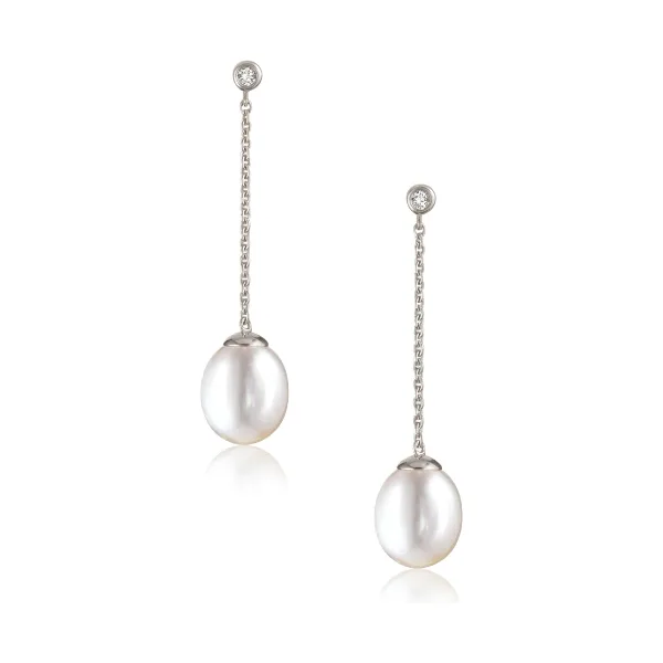 Long Chain Drop Freshwater Pearl & Diamond Earrings  |  9ct Gold