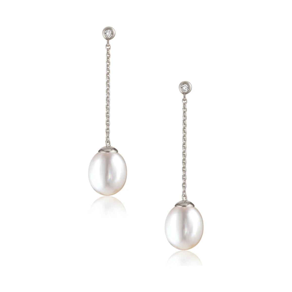 Long Chain Drop Freshwater Pearl & Diamond Earrings  |  9ct Gold
