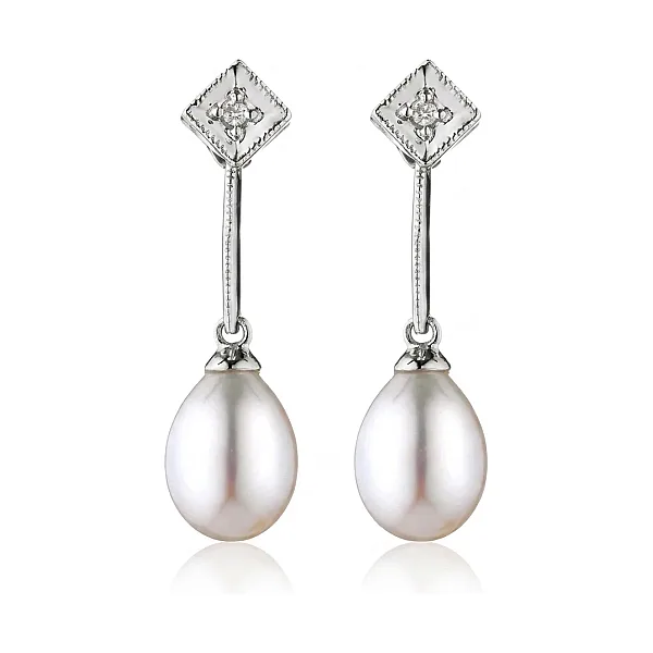 Edwardian Design Freshwater Pearl & Diamond Drop Earrings  |  9ct White Gold