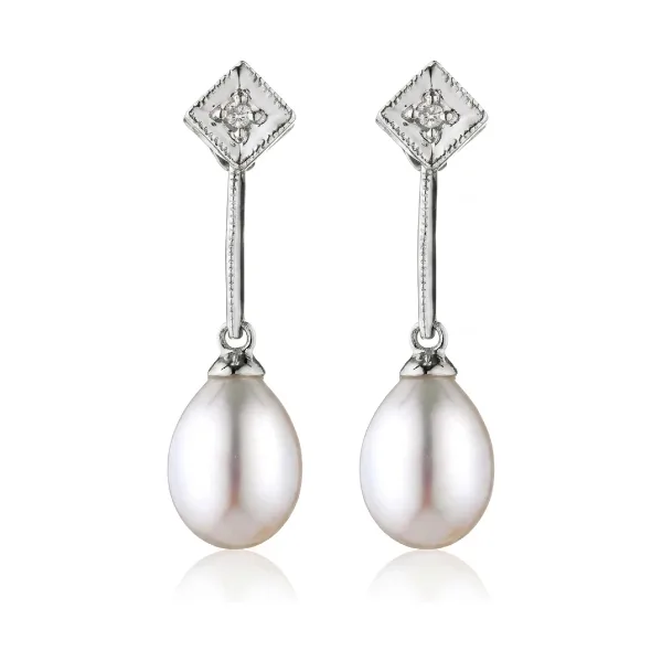 Edwardian Design Freshwater Pearl & Diamond Drop Earrings  |  9ct White Gold