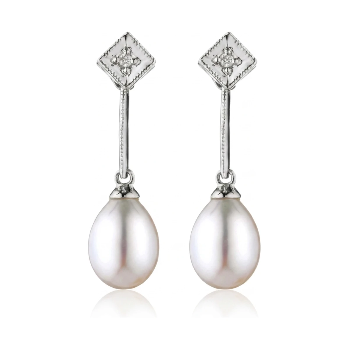 Edwardian Design Freshwater Pearl & Diamond Drop Earrings  |  9ct White Gold