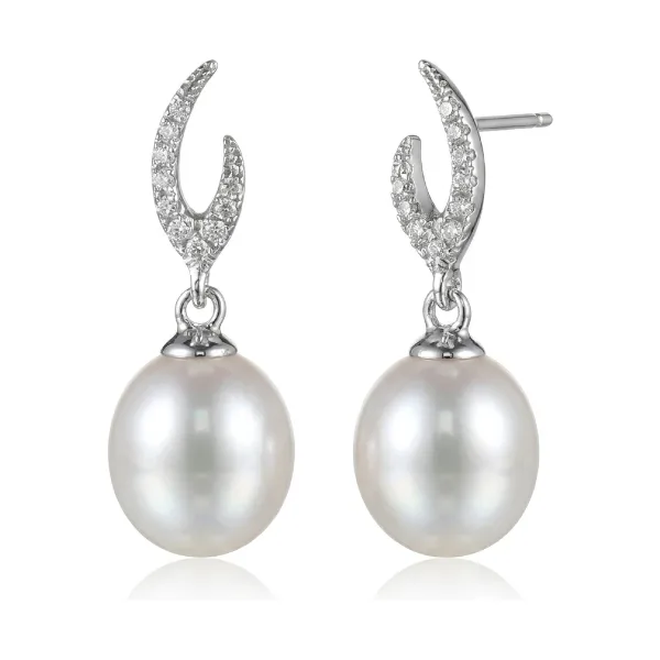 Contemporary Flame Design Freshwater Pearl & Diamond Drop Earrings  |  18ct White Gold
