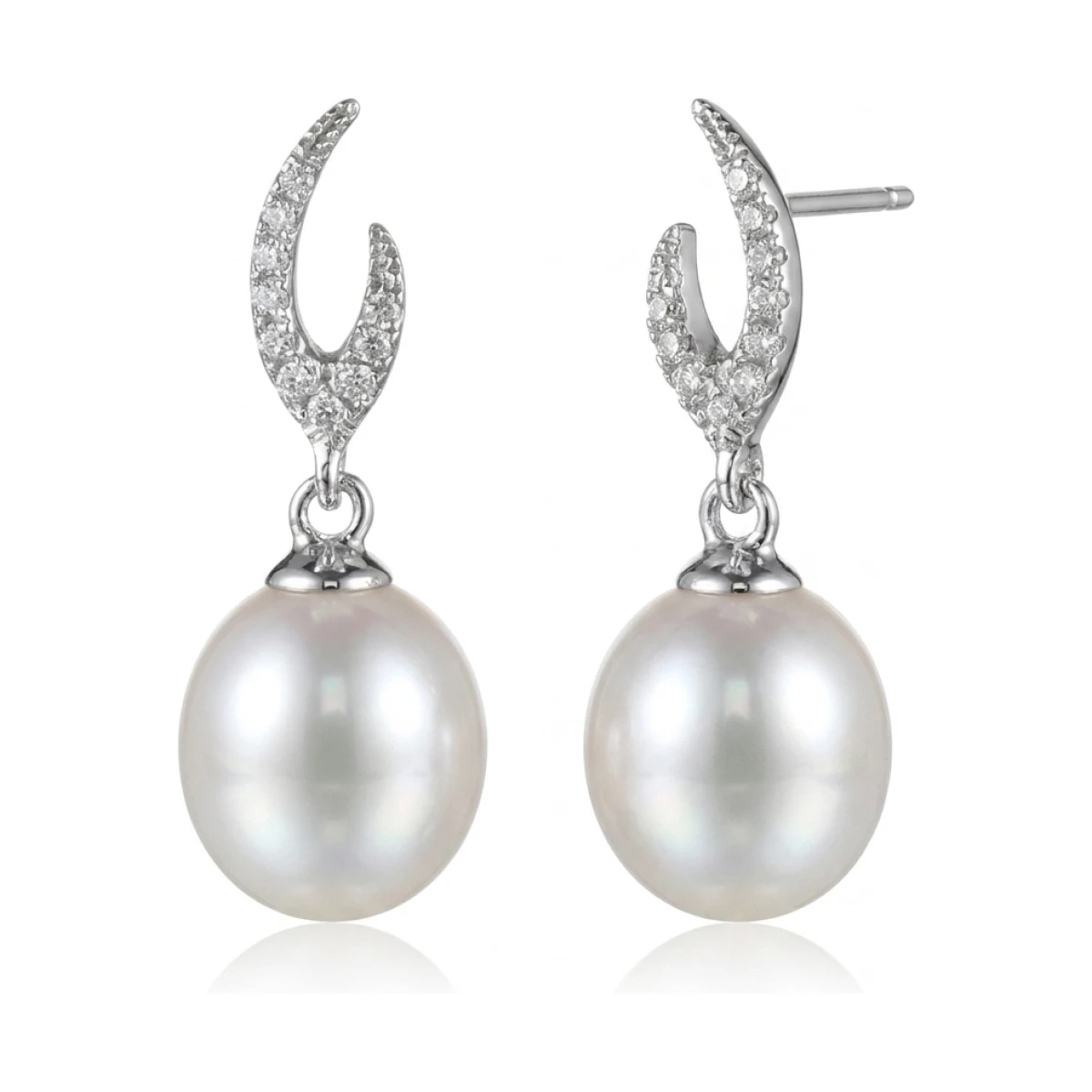 Contemporary Flame Design Freshwater Pearl & Diamond Drop Earrings  |  18ct White Gold