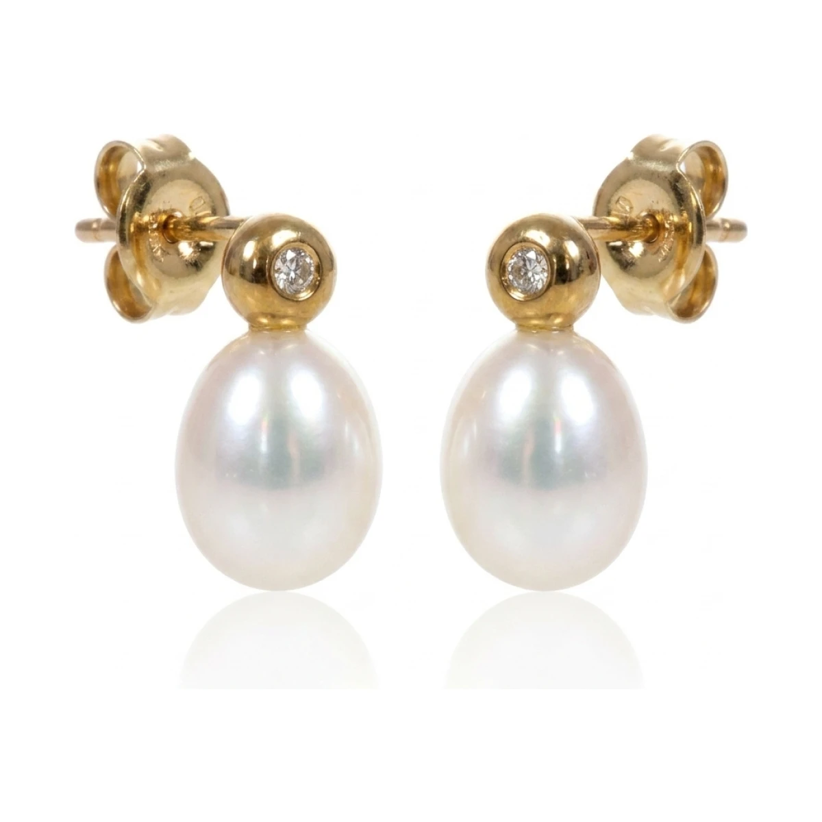 Simple Freshwater Pearl and Diamond Earrings  |  9ct Gold