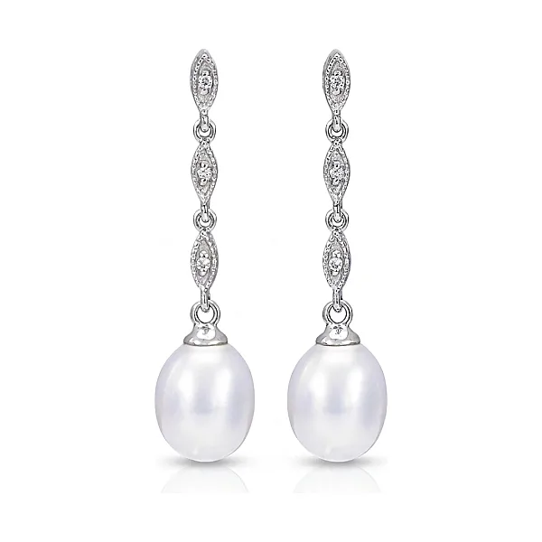 Freshwater Pearl & Diamond Navette Drop Earrings  |  9ct White Gold