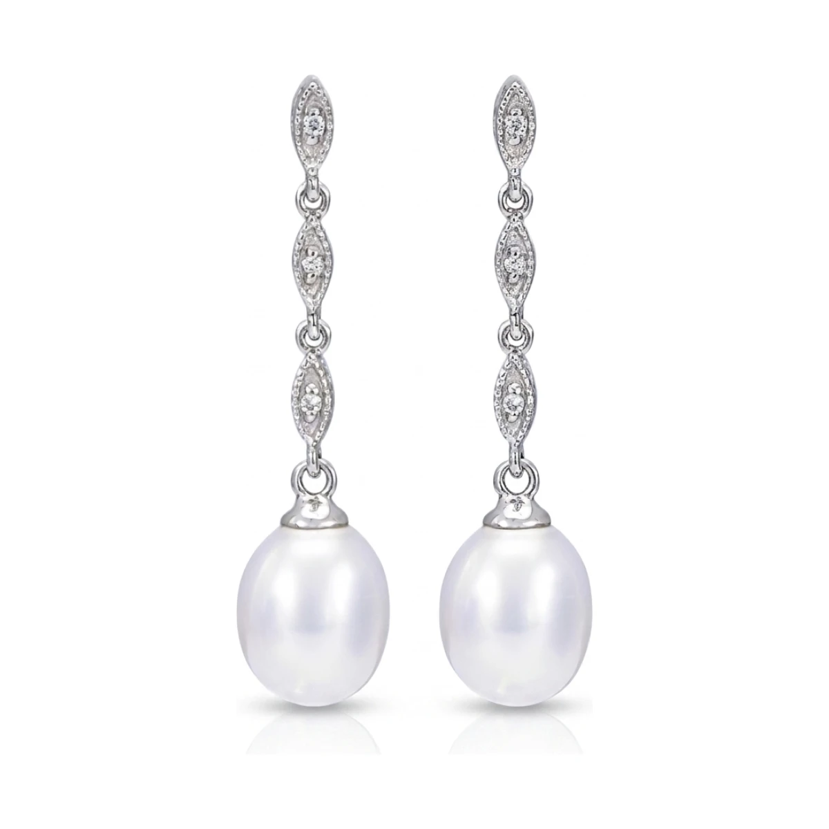 Freshwater Pearl & Diamond Navette Drop Earrings  |  9ct White Gold