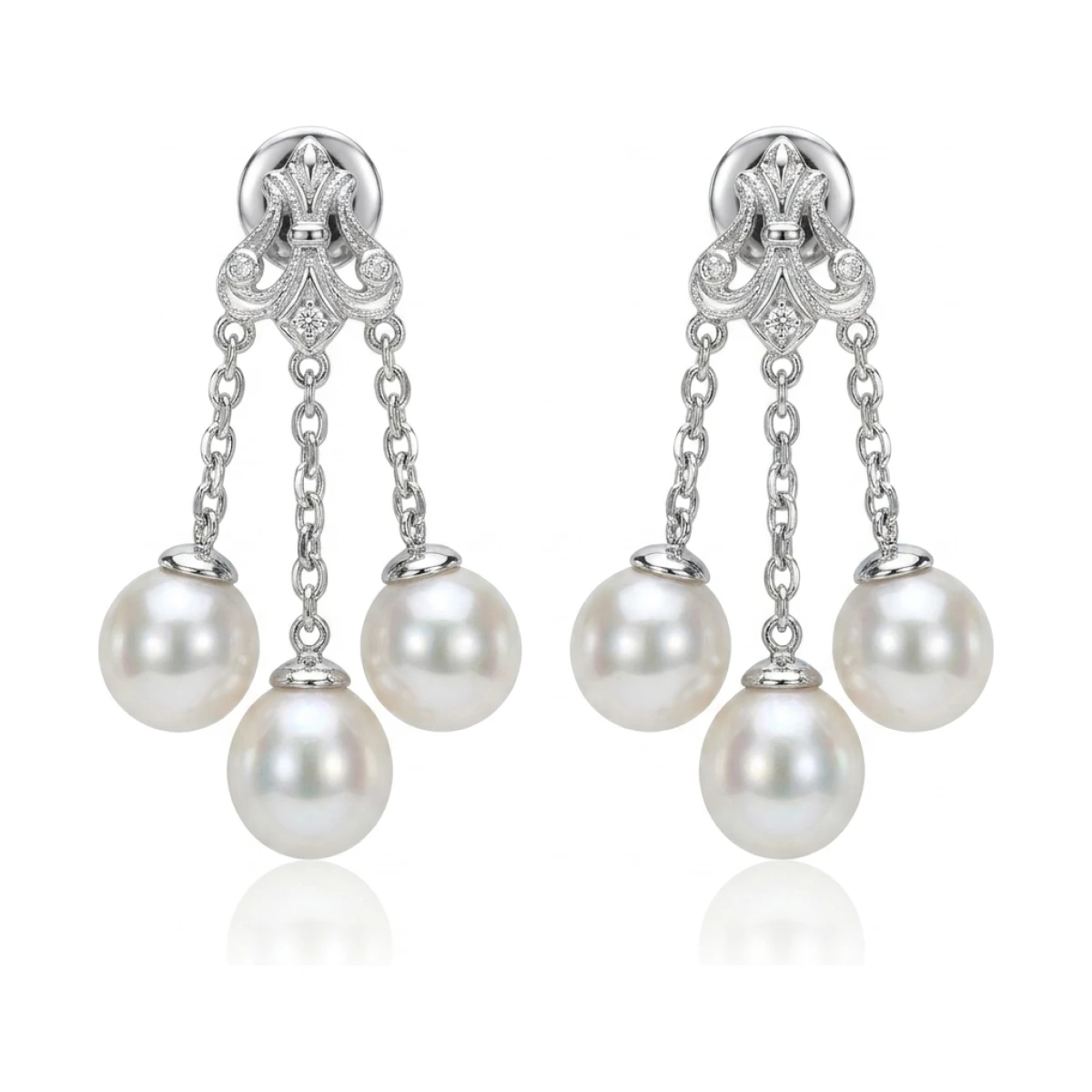 Freshwater Pearl & Diamond Triple Drop Antique Style Earrings  |  9ct White Gold