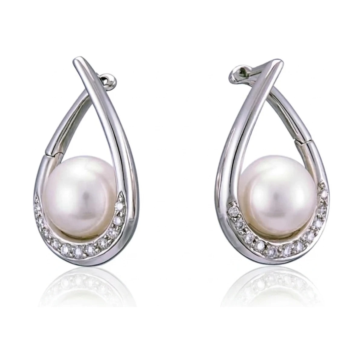 Freshwater Pearl & Diamond 'Sling' Design Earrings  |  14ct White Gold