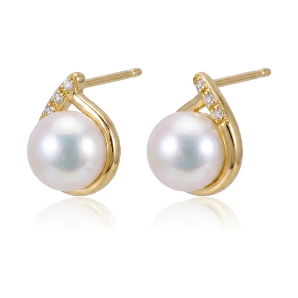 Freshwater Pearl & Diamond Crossover Dainty Stud Earrings  |  9ct Gold