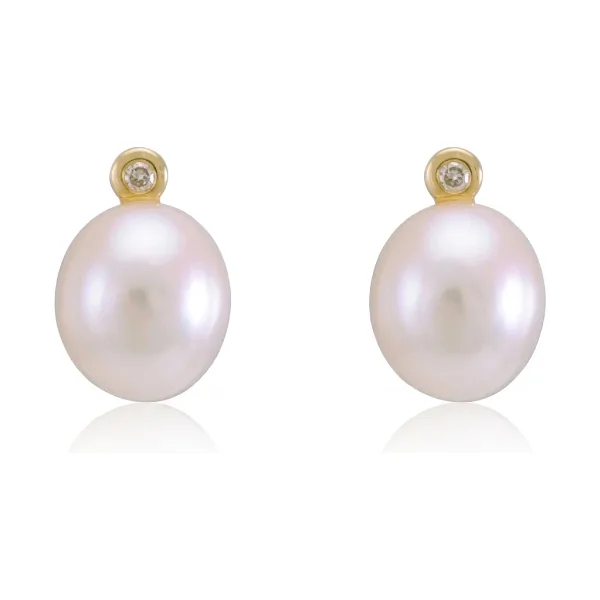 Freshwater Semi-baroque Pearl & Diamond Stud Earrings  |  9ct Yellow Gold