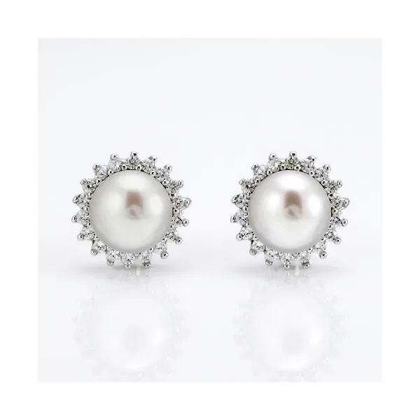  Freshwater Pearl & Cubic Zirconia Small Cluster Earrings  |  Silver