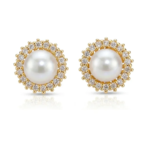 Freshwater Pearl and Diamond Halo Cluster Earrings  |  9ct Yellow Gold