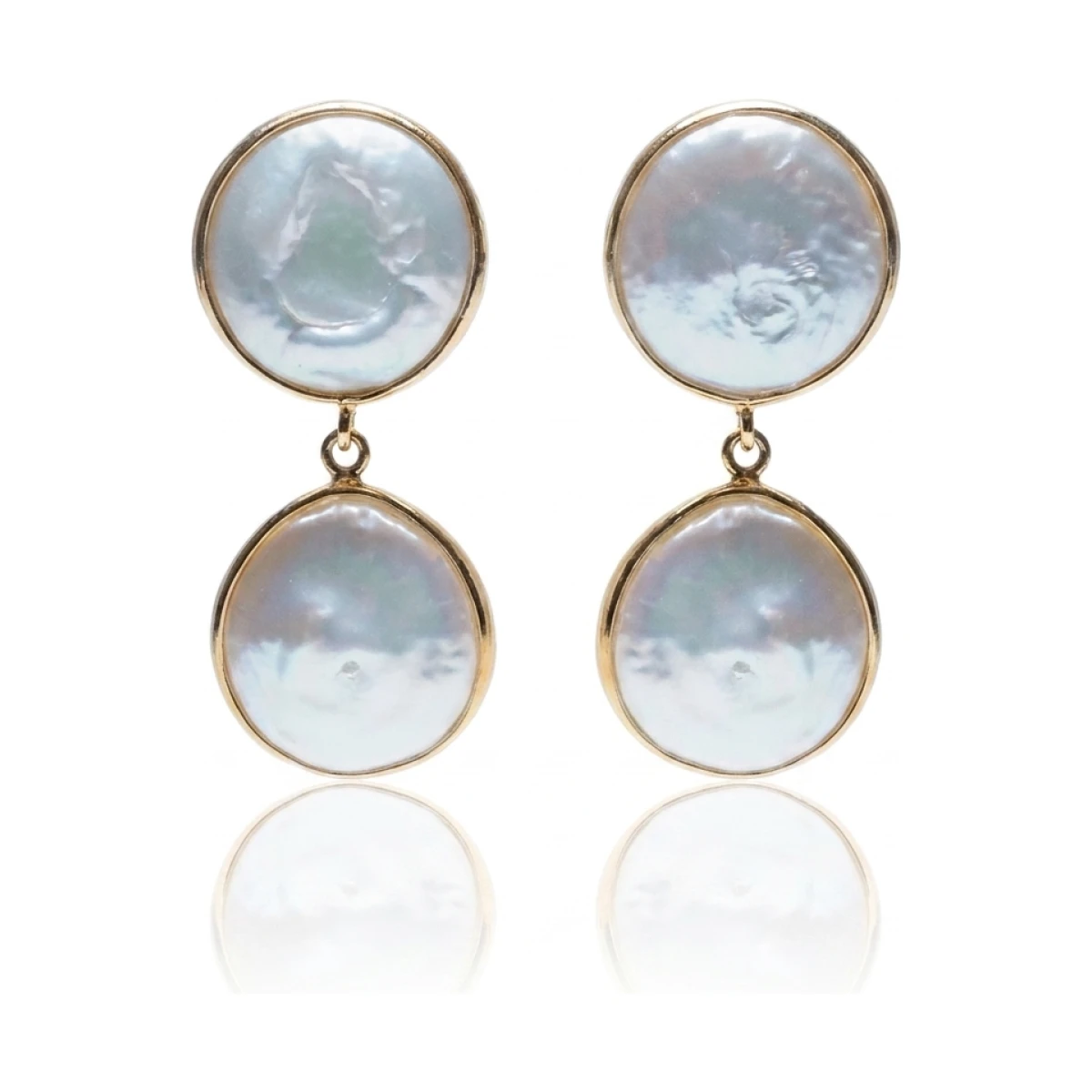 Freshwater Coin Pearl Double Drop Earrings  |  Silver Gilt