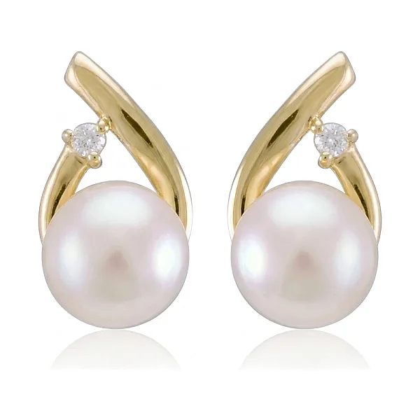 Freshwater Pearl & Claw Set Diamond Crossover Stud Earrings  |  9ct Yellow Gold