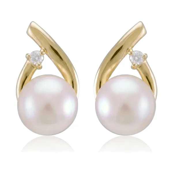 Freshwater Pearl & Claw Set Diamond Crossover Stud Earrings  |  9ct Yellow Gold