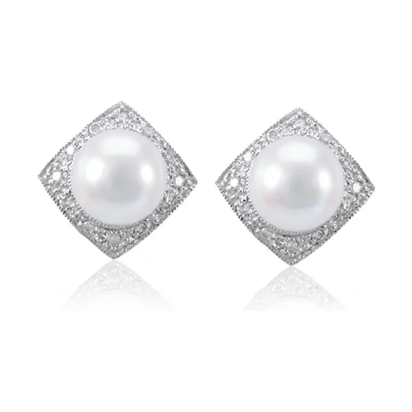 Akoya Pearl & Diamond Vintage Style Geometric Stud Earrings  |  18ct White Gold