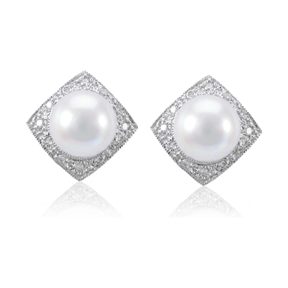 Akoya Pearl & Diamond Vintage Style Geometric Stud Earrings  |  18ct White Gold