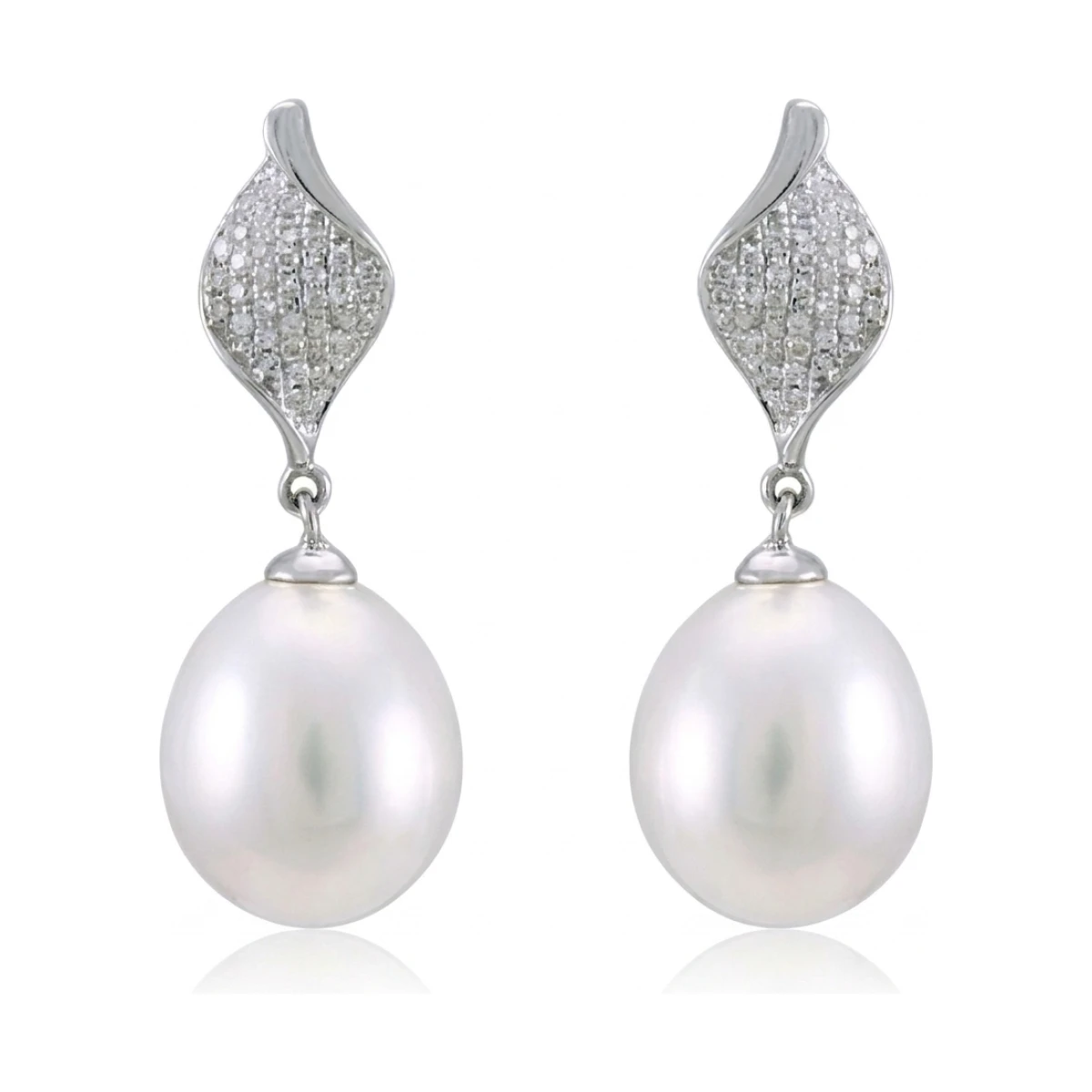 Freshwater Pearl & Diamond Contemporary Twisted Leaf Design Earrings  |  18ct White Gold