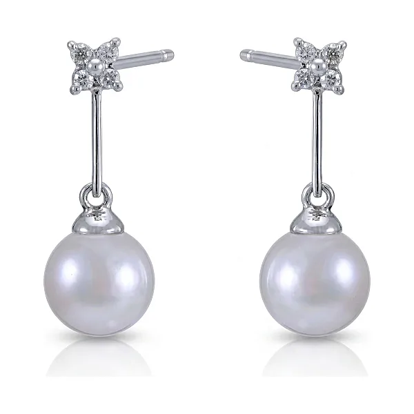 Akoya Pearl & Diamond 4 Stone Diamond Drop Earrings  |  18ct White Gold