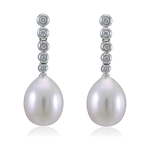 Freshwater Pearl & Diamond Line Drop Earrings  |  18ct White Gold 