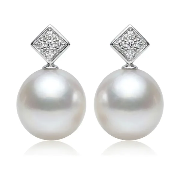 Akoya Pearl & Diamond Square On Point Grain Set Earrings  |  18ct White Gold