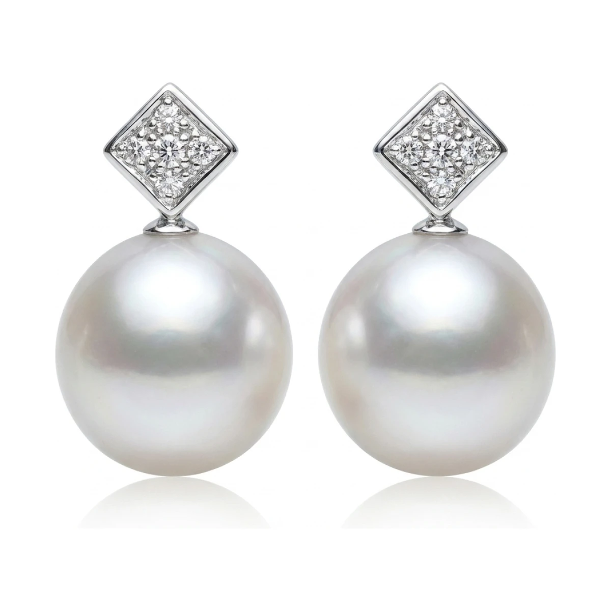 Akoya Pearl & Diamond Square On Point Grain Set Earrings  |  18ct White Gold