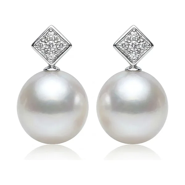 Akoya Pearl & Diamond Square On Point Grain Set Earrings  |  18ct White Gold