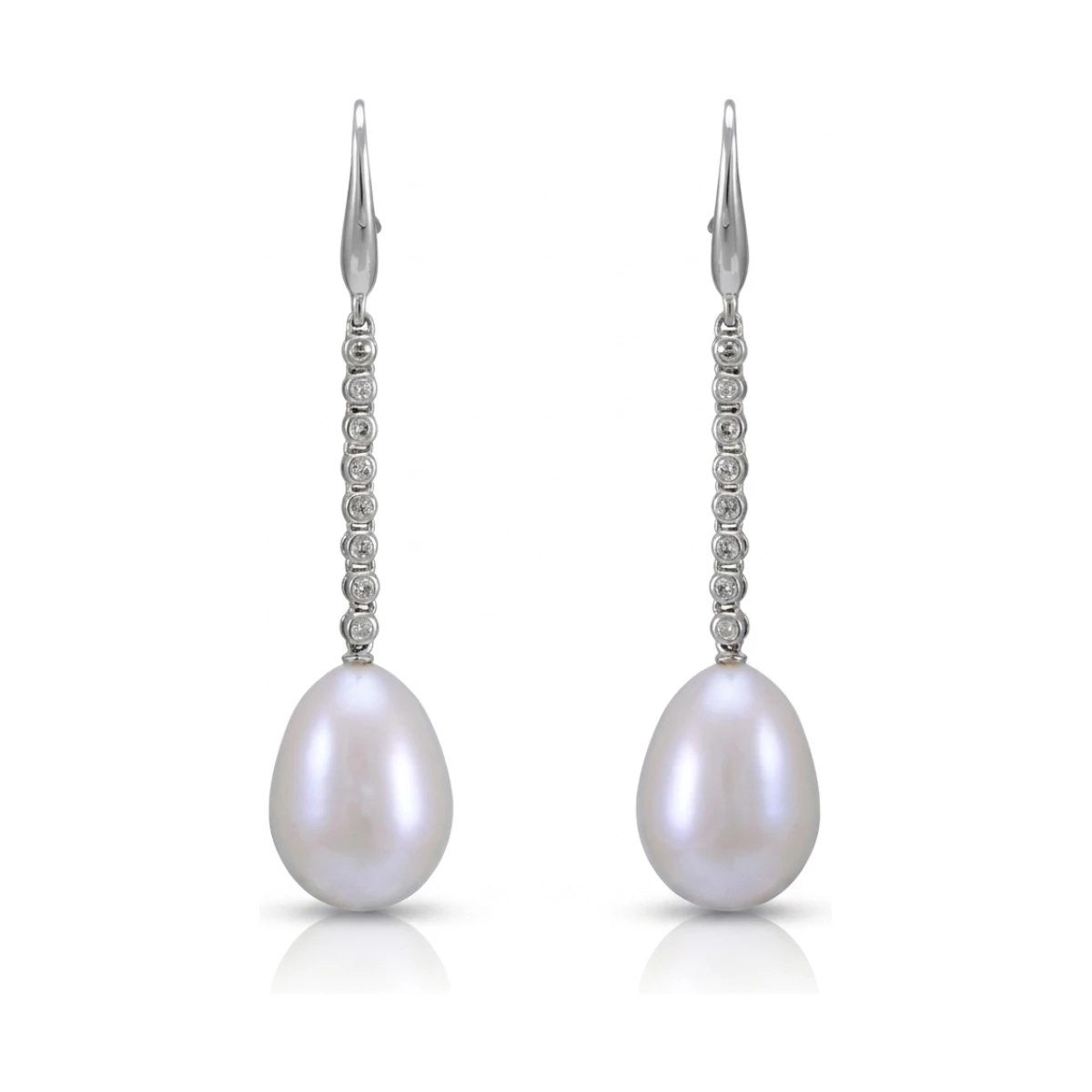 Freshwater Pearl & Diamond Collet Line Drop Hook Wire Earring  |  18ct White Gold