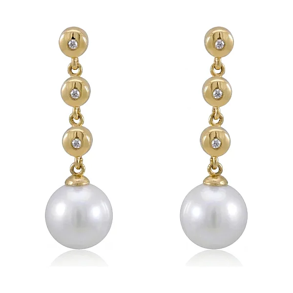 Akoya Pearl & Diamond Triple Collet  Drop Earrings  |  18ct Yellow Gold