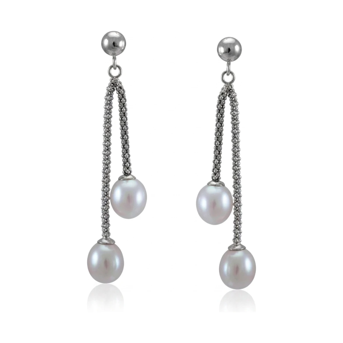 Freshwater Pearl Double Drop Chain Link Earrings  |  Silver