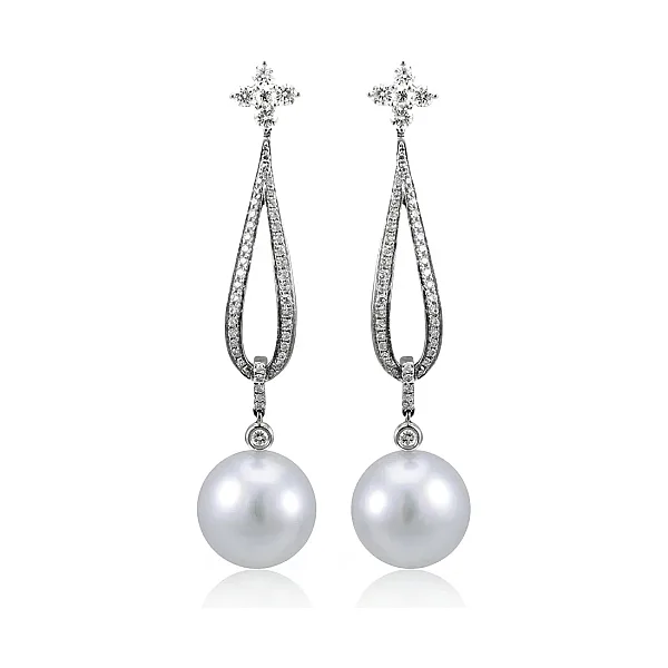 South Sea Pearl & Diamond Elegant Long Drop Earrings  |  18ct White Gold