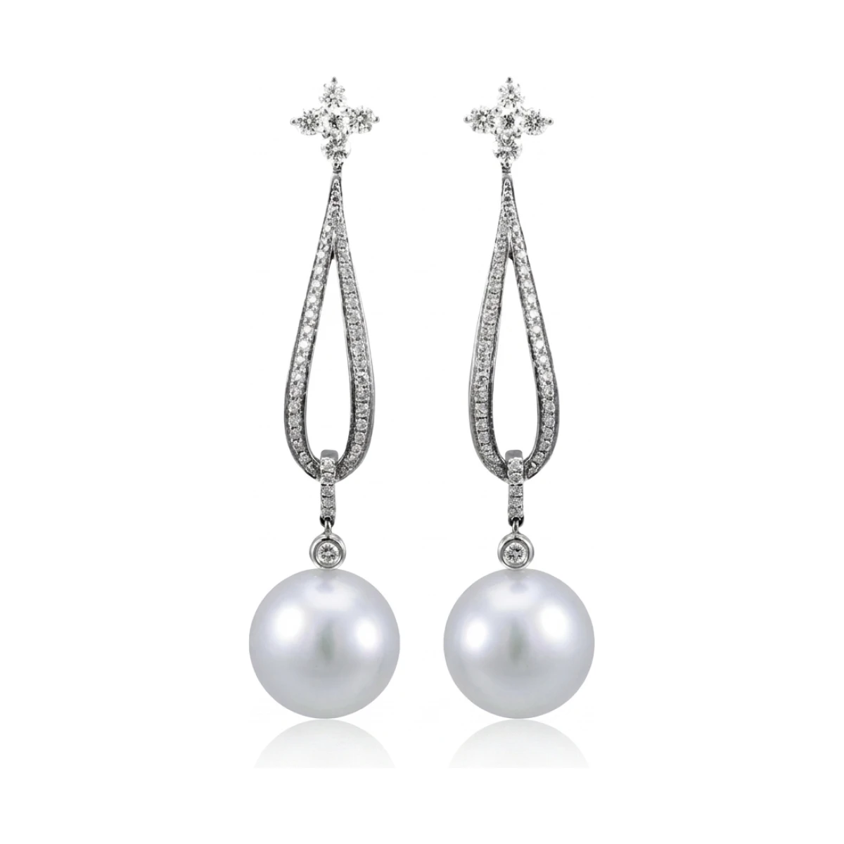 South Sea Pearl & Diamond Elegant Long Drop Earrings  |  18ct White Gold