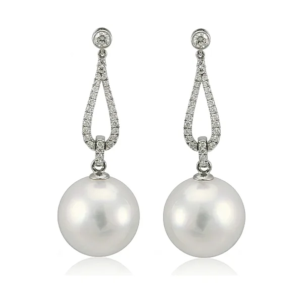 South Sea Pearl & Diamond Elegant Tapered Loop Earrings  |  18ct White Gold