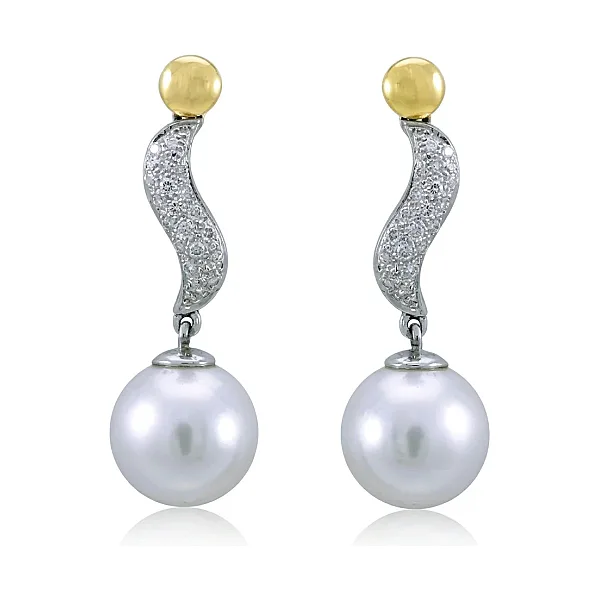 South Sea Pearl & Diamond "S" Shape Design Earrings  |  18ct Yellow & White Gold