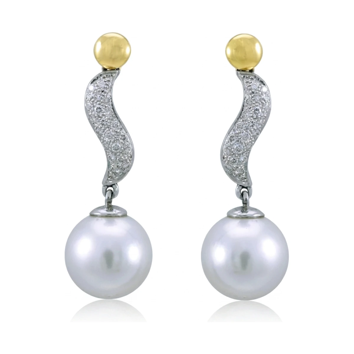 South Sea Pearl & Diamond "S" Shape Design Earrings  |  18ct Yellow & White Gold