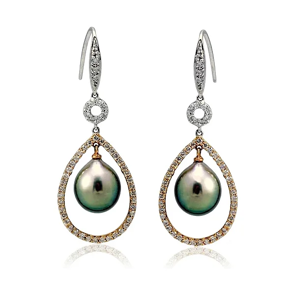 Tahitian Pearl & Diamond Bi Colour Hook-Wire Earrings  |  18ct Gold