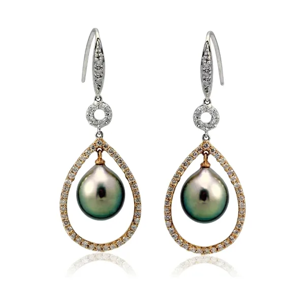 Tahitian Pearl & Diamond Bi Colour Hook-Wire Earrings  |  18ct Gold