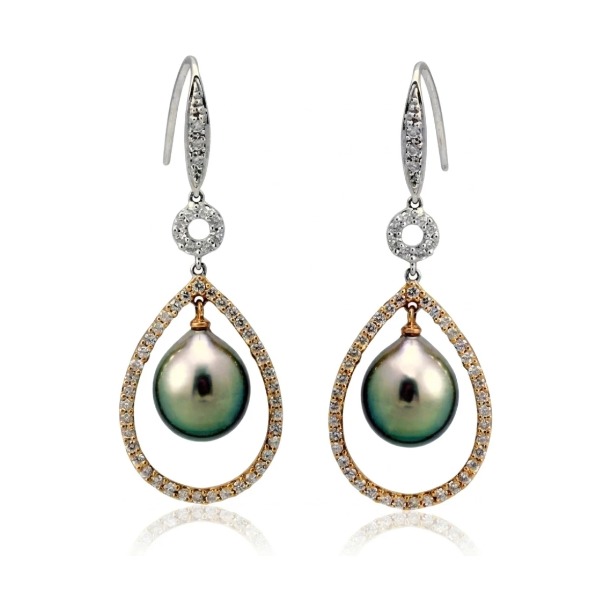 Tahitian Pearl & Diamond Bi Colour Hook-Wire Earrings  |  18ct Gold