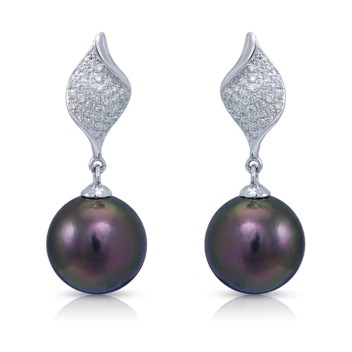 Tahitian Pearl & Diamond Twisted Leaf Earrings  |  18ct White Gold