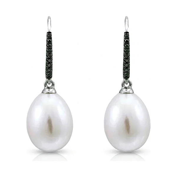 Freshwater Pearl & Black Diamond Hook Drop Earrings  |  18ct White Gold
