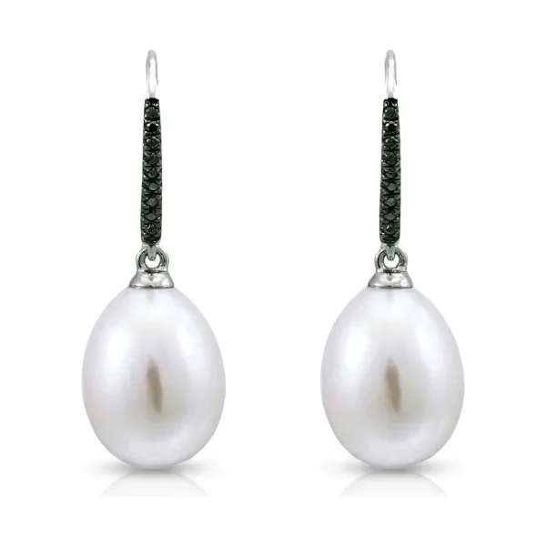 Freshwater Pearl & Black Diamond Hook Drop Earrings  |  18ct White Gold