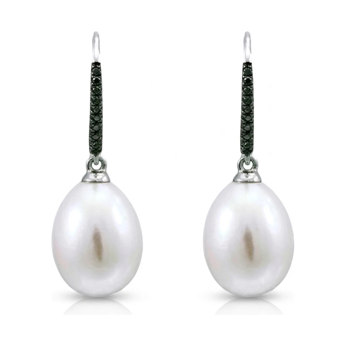 Freshwater Pearl & Black Diamond Hook Drop Earrings  |  18ct White Gold