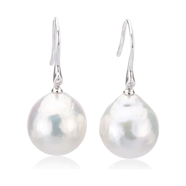 Baroque Freshwater Drop Pearl & Diamond Hook Earrings  |  18ct White Gold