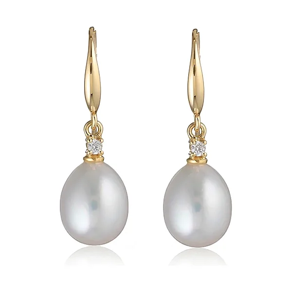 Freshwater Pearl Four Claw Diamond Hook Earrings  |  9ct Yellow Gold 