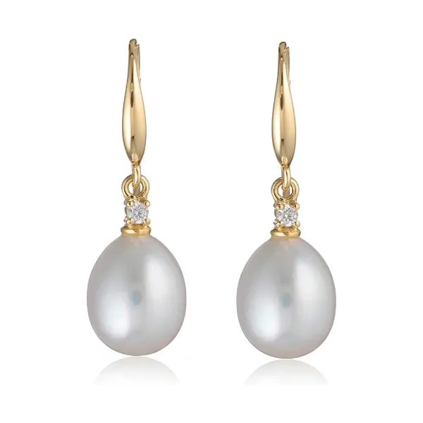 Freshwater Pearl Four Claw Diamond Hook Earrings  |  9ct Yellow Gold 