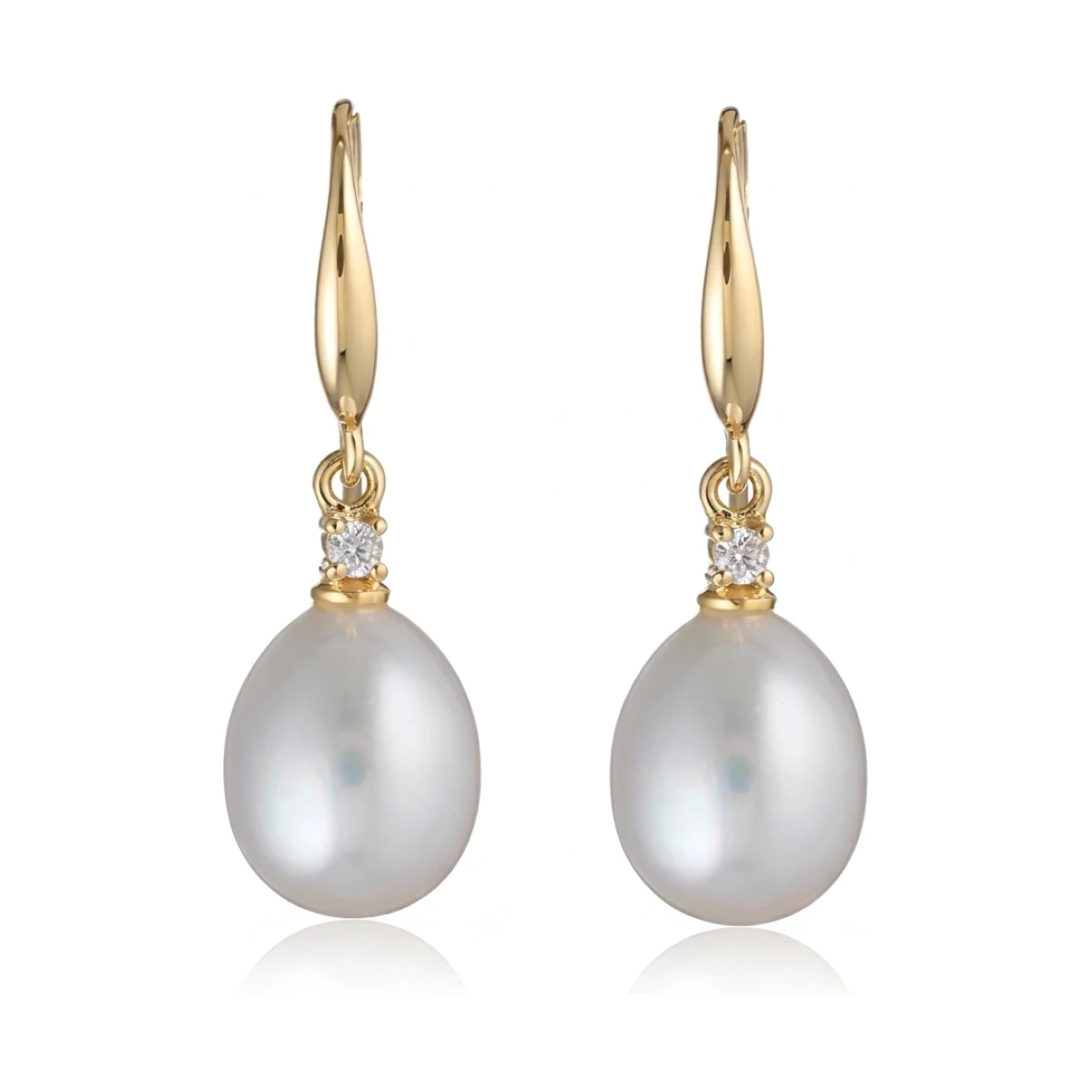 Freshwater Pearl Four Claw Diamond Hook Earrings  |  9ct Yellow Gold 