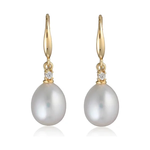 Freshwater Pearl Four Claw Diamond Hook Earrings  |  18ct Yellow Gold 